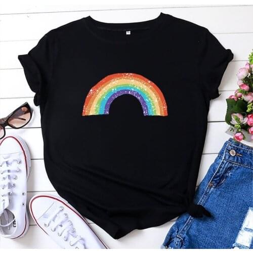 Summer Women T-shirt Short Sleeve Rainbow Print Female Fashion Casual Streetwear Ladies Regular Graphic Tshirts O-Neck Tees Tops