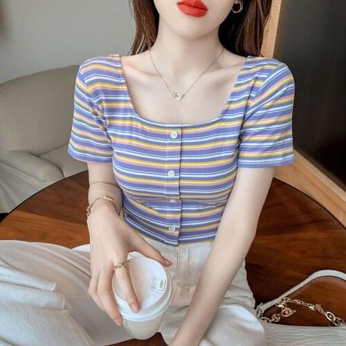 2021 Summer Korean Version of The New Fashion Loose Thin Short-sleeved Tops Temperament Wild Rainbow Striped T-shirt Female