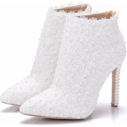 Womens Pointed Toe Ankle Boots Lace Pearls Stilettos High Heel Shoes Floral Wedding Bridal Party White New 2022