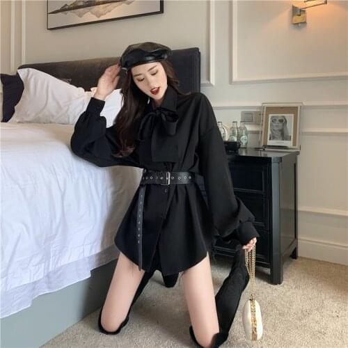 2019 Brand New Women Fashion Blouse Shirt Dress Bowtie Lantern Sleeve Long Shirt Casual Oversized Women Tops Blusa Vestidos