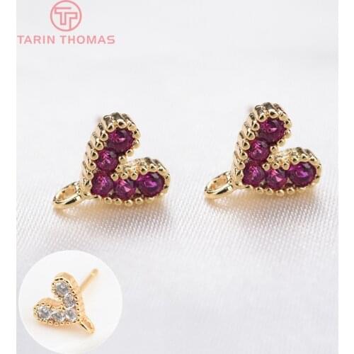 6PCS 9MM 24K Gold Color Plated Brass with Zircon Heart Stud Earring Jewerly Making Diy Jewelry Findings Accessories