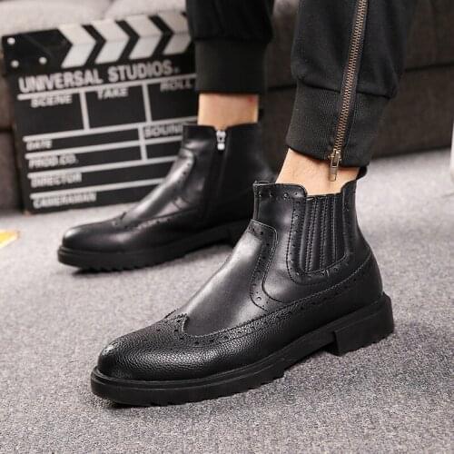 Brand desinger mens fashion chelsea boots black brogue shoes breathable cow leather boot carved bullock ankle botas masculinas