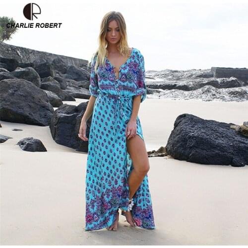 CR 2019 New Summer Long Dress Sexy Bandage Beach Dress Printed Bohemian Elegent Vestido Plus Size Maxi Dresses For Women