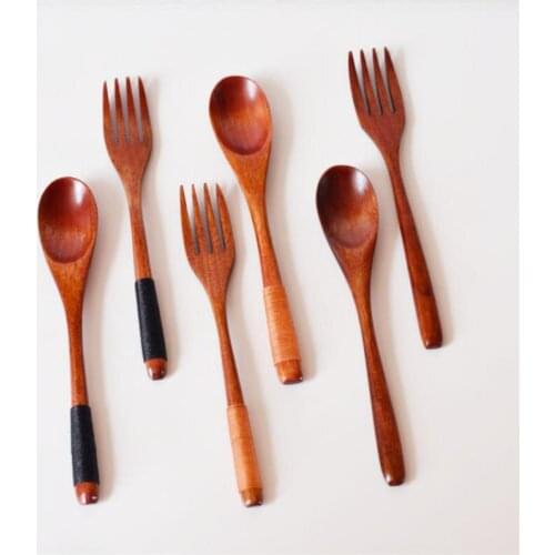 Eco Friendly Japanese Style Tangled Spoon Fork Chopsticks Set Long Handle Solid Wood Adult Portable Tableware Dinnerware Set