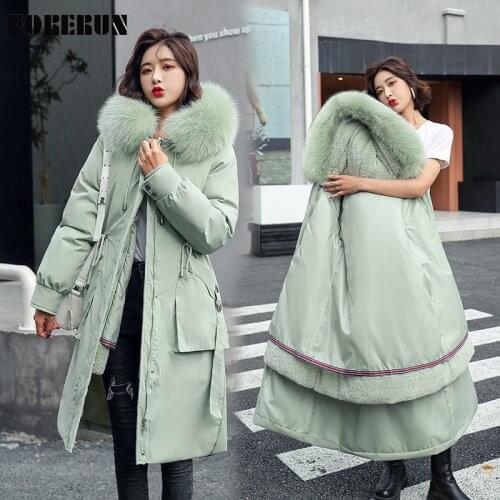 FORERUN Long Parkas Mujer Fashion Fur Collar Hooded Velvet Cotton Padded Warm Winter Coat Women Elegant Casaco Feminino Inverno