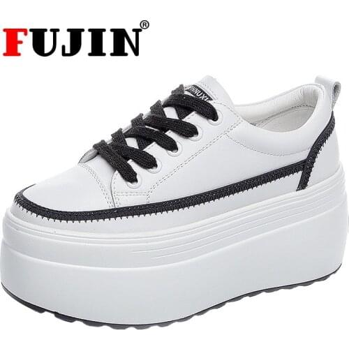 Fujin 8cm genuine leather White Shoes Female 2021 Spring New Thick-soled Student Board Shoes Female platform chunky wedge Shoes