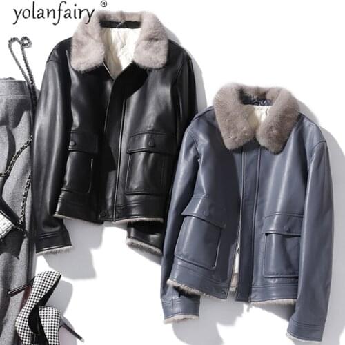 Womens Winter Jacket Real Mink Fur Collar Sheepskin Coat Female 90% White Duck Down Genuine Leather Jacket Women Femme Veste