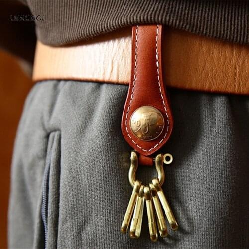 LEACOOL Genuine Leather Car Key Wallet Holder Chain Key Case Key Smart Pocket Organizer Housekeeper Ring Multifunctiona KeyChain