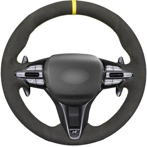 Hand-stitched Black Suede Yellow Marker Car Steering Wheel Cover for Hyundai i30 N 2018-2020 Veloster N 2019-2021