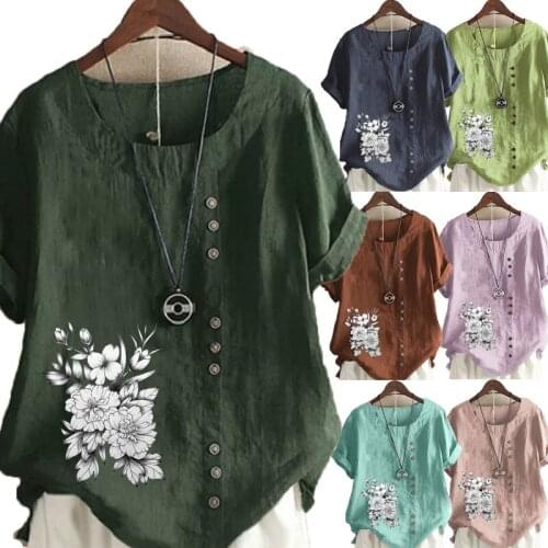New Women Summer Casual Floral Print Loose T-shirts Vintage Round Neck Plus Size Short Sleeve Blouse Tops S-5XL