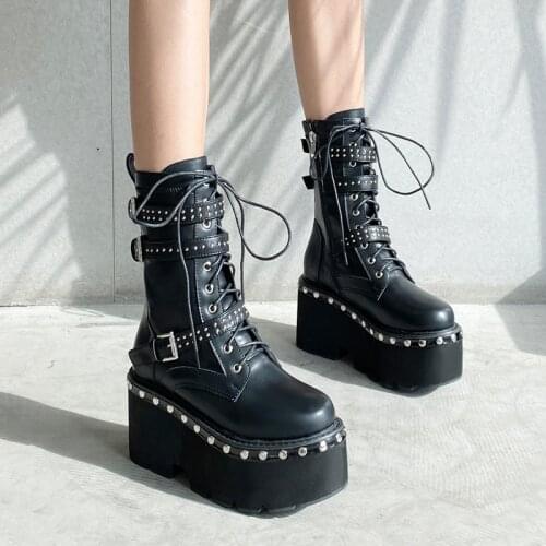 Buckle Rivet Platform Boots Punk Gothic Women Chunky Block High Heels Combat Military Motorcycle Boots Cosplay demonia boots