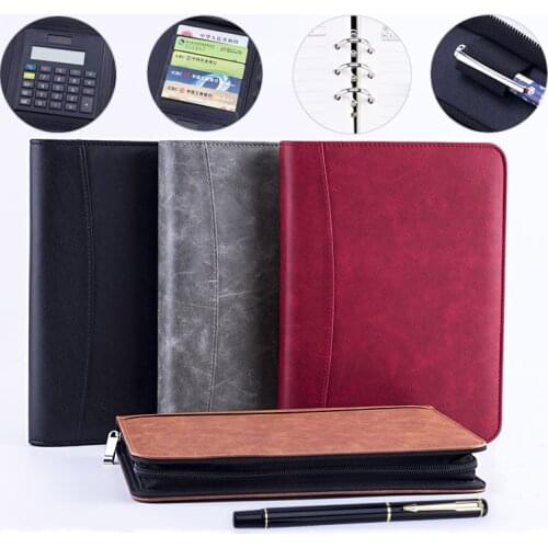 Business office loose leaf A5 leather file folder padfolio with zipper ring binder planner refillable filofax notebook 1249