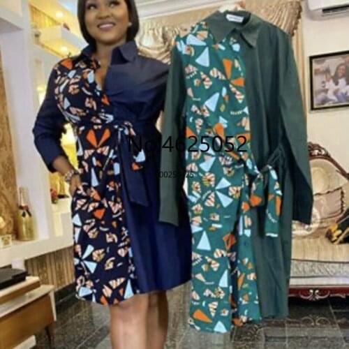 Print Clothing African Dress Women Dashiki Office Lady Lace up Shirt Dresses Ankara Indian Bazin Patchwork Robe Africaine Femme