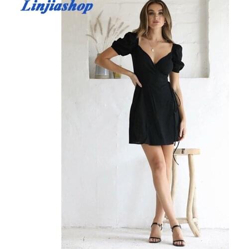 Casual summer dress black backless short sleeves cotton blended sashes slim sexy holiday mini dress femme vestidos