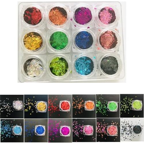 PrettyG 1 Set 12C 3MM Moon Shape Colorful Holographic Glitter Gel Nail Art Decoration Handwork DIY Accessories