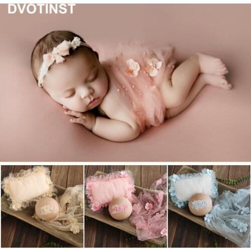 Dvotinst Newborn Baby Photography Props Floral Preal Wrap Fairy Mesh Wraps Headband Pillow 3pcs Photo Props Studio Shoots