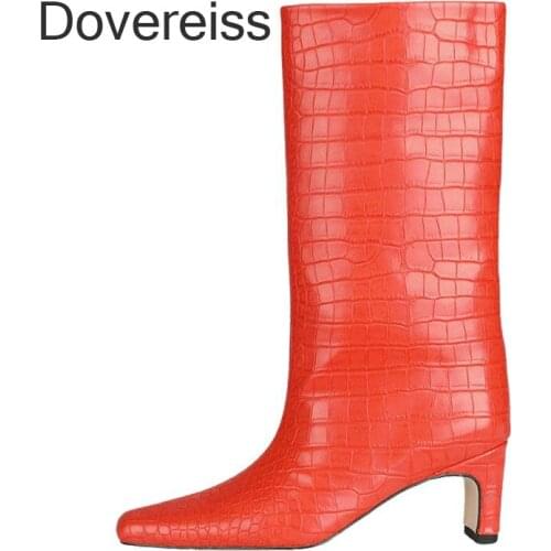 Dovereiss Winter woman New Fashion Shoes Pure Color Red Clear Heels Boots Square Toe 6.5cm Knee High Boots 45 46 47