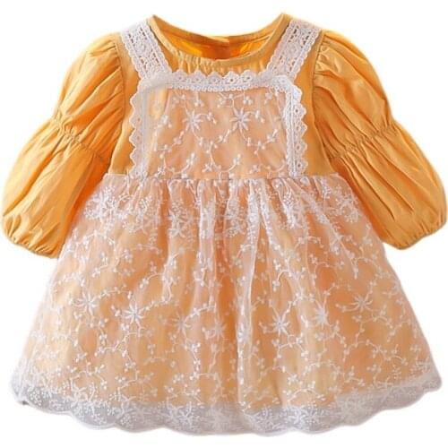 Baby Girl Silk And Satin Korean Version Lace Blouse Princess Bubble Long Sleeve Cute Gauze Dress 1-3 Years