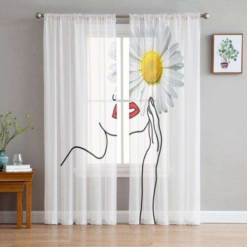 Daisy Flower Female Line Pattern Red Lips Voile Tulle Sheer Curtains for Bedroom Living Room Kitchen Decor Window Curtain
