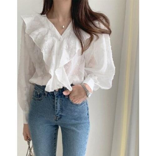 Ruffle Top Long Sleeve Chiffon Elegant Lace Shirts Blouse White Tops Ladies Boho Shirt