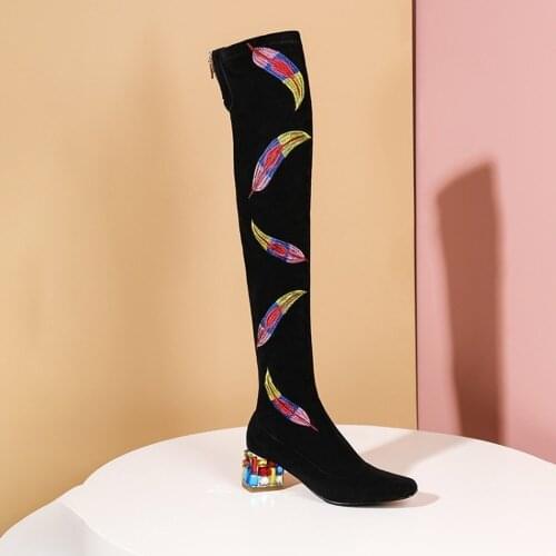 Womens Embroidery Over The Knee Boots Crystal Diamonds Block Heel Suede Leather Slim Long Shoes Black Custom Made Colors Plus Sz