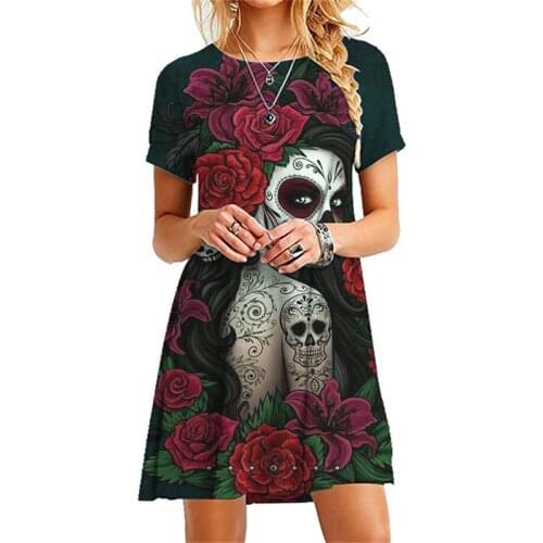 Women New Summer Dresses Casual Floral Skull Print Mini Dress Ladies O-Neck Short Sleeve Plus Size 2XL Dress Fashion Streetwear