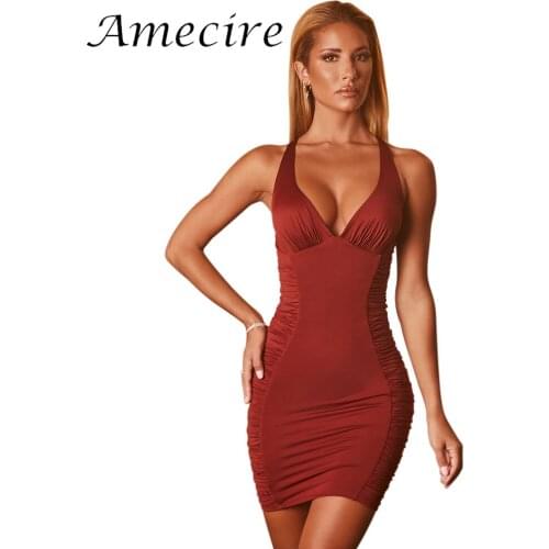 Amecire Jersey Draped Bodycon Sexy Mini Dress Halter Evening Party Club Women Festival Clothing Casual Outfits Birthday Dresses