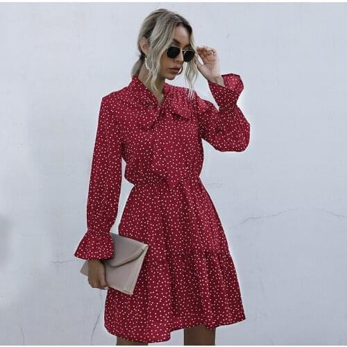Summer Women Polka Dots Print Dress Flare Long Sleeve Ruffle Patchwork High Waist Tie Elegant Temperament Female Dresses