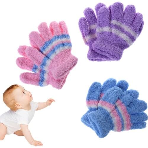 1 Pair Baby Gloves Warm Winter Full Finger Thermal Coral Fleece Kids Boys Girls Colorful Stripe Soft Elastic Solid