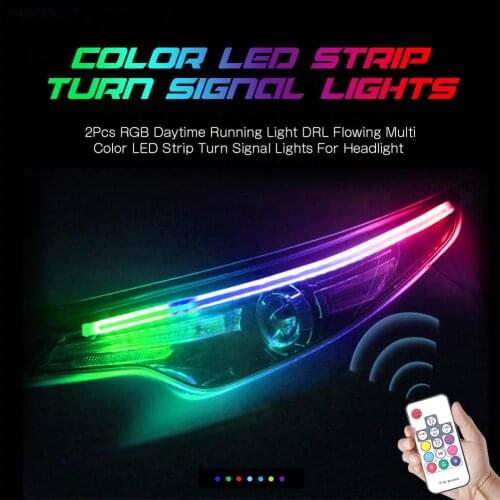 2Pcs Sequential Flowing RGB Daytime Running Light DRL Multi Color LED Strip Turn Signal Lights For Headlight