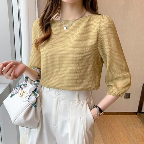 2021 new summer womens three-quarter sleeve fashion word collar loose lantern sleeve chiffon blouse female