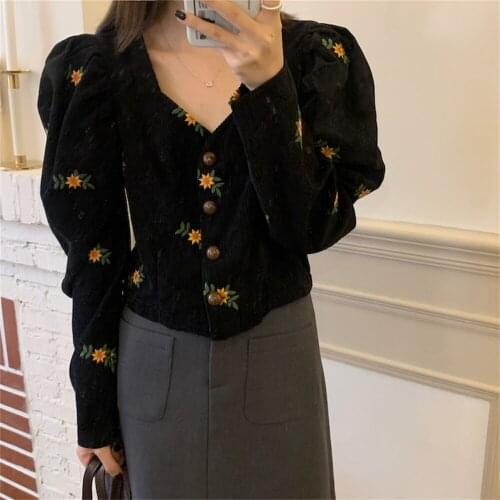 Alien Kitty High Waist Puff Sleeve Shirts Flowers Embroidery Stylish Sweet 2021 OL Chic New Slim Casual Corduroy Autumn Tops