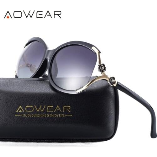 AOWEAR Women Polarized Oval Sungalsses Luxury Camellia Flower Female Sun Glasses Flower Crystal Decoration Goggles oculos de sol