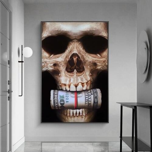 Abstract Skull Head with Money Canvas Posters and Prints Dollar Art Canvas Paintings on The Wall for Home Bar Wall Decor Picture