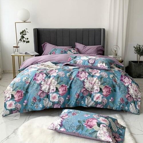 New Luxury American Style Flowers Printing Egyptian Cotton Bedding Set Soft Silky Duvet Cover Flat/Fitted Sheet Pillowcases 4Pcs