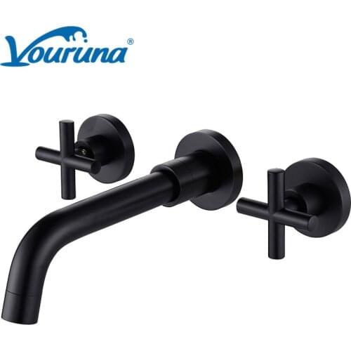 Matte Black Bathroom Faucet, Double Handle Wall Mount Bathroom Sink Faucet and Rough in Valve Included