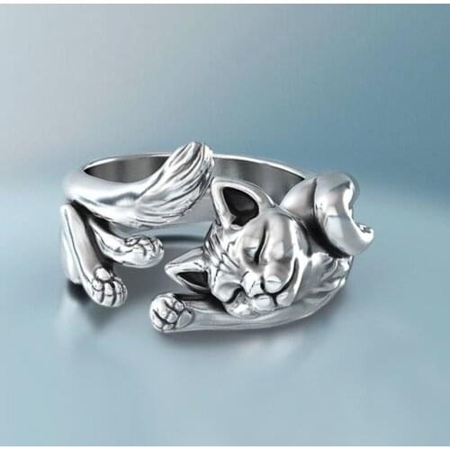 Metal Cute Animal Ring For Women Girls Boho Fashion Jewelry Wild Sleep Kitty Cat Rings Adjutable Party Gift