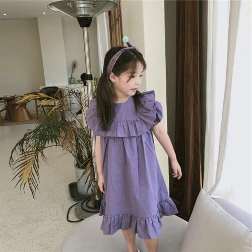 Thunderers 3-7 Years Fashion Baby Girls Summer Maid Dress Puff Short Sleeve Loose Pure Purple Dress Princess Girls Maid Dress