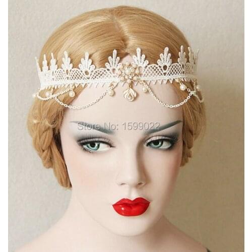 Fashion Vintage Stretch Hairband White Lace Rhinestone Goddess Bridal Hair Accessories Jewelry Queen Imperial Princess Headwear