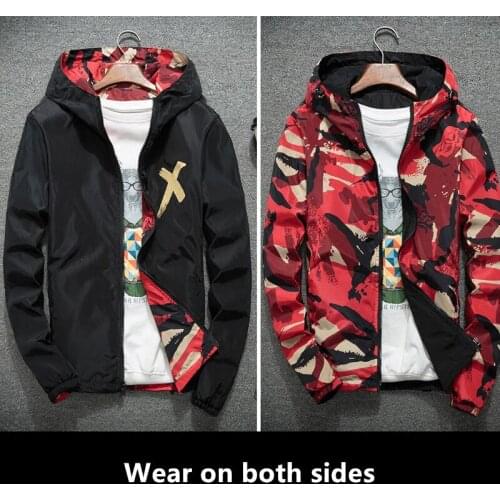 New Men Hooded jacket Spring and autumn Camouflage X print Wear on both sides Casual jacket Male Hip Hop Windbreaker outerwer