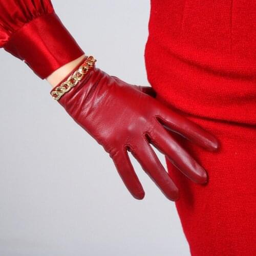 Sheepskin Gloves Womens Leather Red Mid-length Thin Velvet Lining Warm Gloves Gold Chain TB61