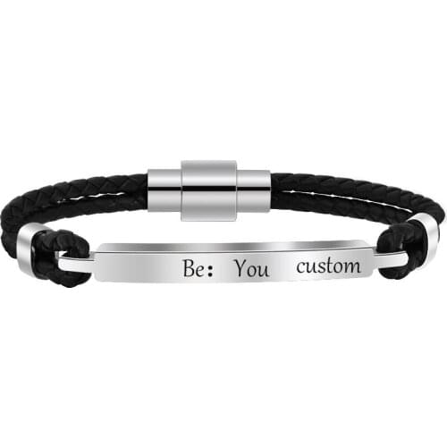 Personalized Customized Name Bracelets Engraved Leather Bracelet Steel ID Bangles For Mans Gift pulsera hombre