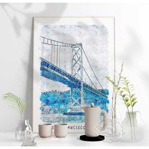 Watercolor City Usa San Francisco Poster, Usa Golden Gate Bridge Scenery Art Print, San Francisco Travel Wall Stickers Art Decor