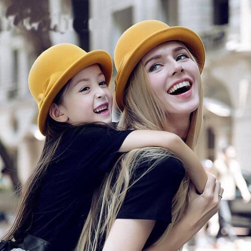 Retro Parent-child Women Men / Kid Soild Color Wool Fold Brim Bowler Derby Round Top Hat Billycock Cloche Cap (Size:57cm/54cm)