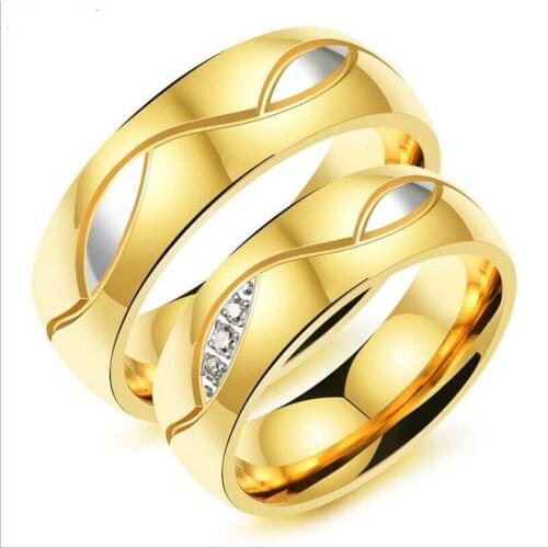 Romantic Lovers Ring For Men Women Gold Color Stainless Steel Cubic Zirconia Wedding Band Couple Promise Jewelry GJ502J