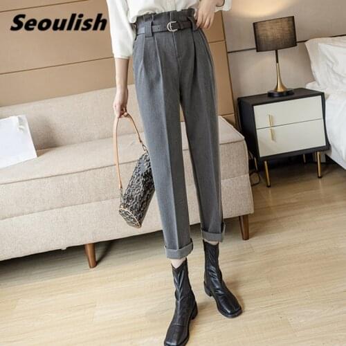Seoulish Formal Womens Harem Pants with Belted Spring High Waist Female Workwear Elegant Ankle Length Bud Trouses 2021 New