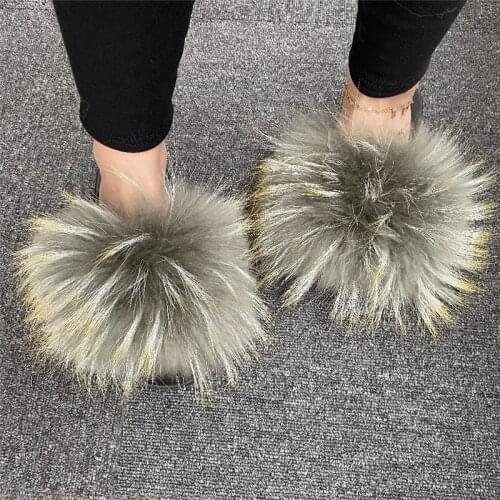 Summer Women Fox Fur Slippers Female Home Cute Casual Flip Flops Ladies Fluffy Furry Falt Slides Luxury Brand Soft Plush Shoes