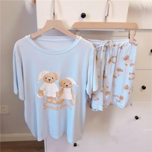 Modal Shorts Pajamas Set Womens Summer Cute Cartoon Bear Printed Thin Short-Sleeved Shorts Pj Sets for Women Sleepwear