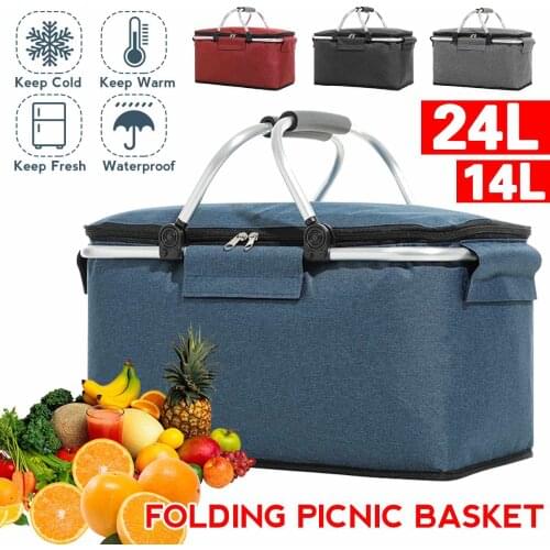 14L/24L Folding Picnic Camping Basket Insulated Shopping Cooler Home Storage Basket Hamper Basket Bag Box Outdoor Picnic Bags