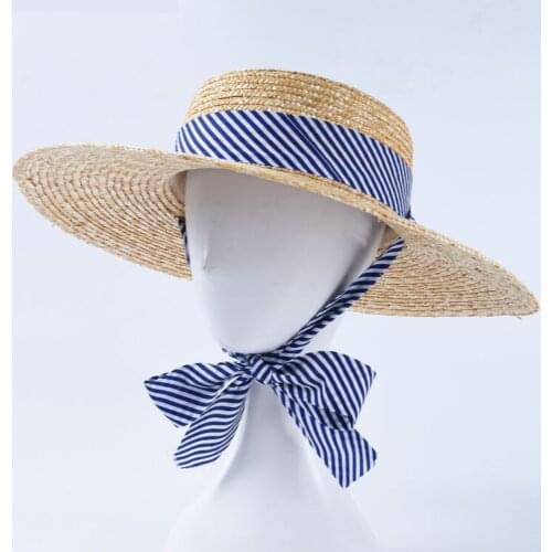 2021 Creative French Fashion Shallow Top Flat Top Straw Cap Spring/Summer Hats Ladies Striped Band Sun Gorras